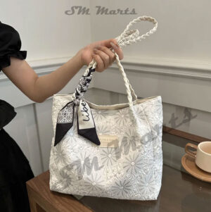 Fashionable Embroidered Flower Shoulder Bag Summer Autumn Ribbon Decoration Handle Bag Women Casual Commuter Tote Bag
